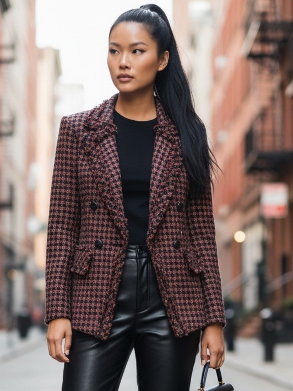 Veronica Beard Taja Houndstooth Tweed Blazer Dickey Zip-Brown/Black Size 8